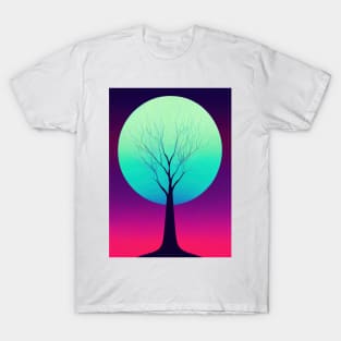 Lonely Tree Under a Blue Full Moon -Vibrant Colored Whimsical - Abstract Minimalist Bright Colorful Nature Poster Art of a Leafless Branches T-Shirt